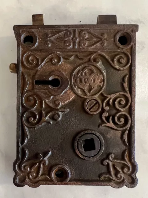 Antique Ornate Door Rimlock Mortise Lock Cast Iron w/ Gold Tone Simmons Hardware 2