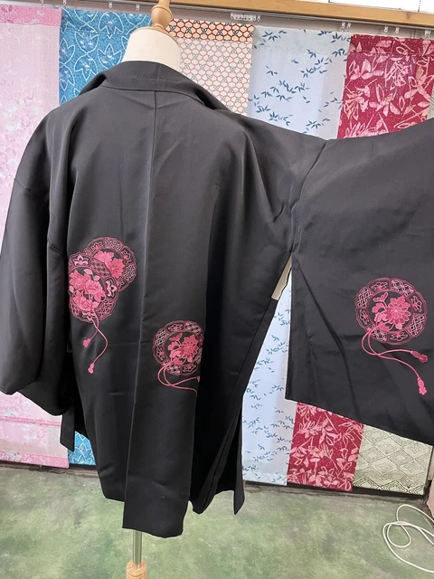 H&A SILK HAORI Black Vintage Japanese KIMONO Dress cardigan Yukata women