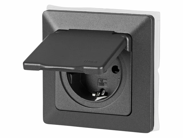 Prise Encastrée IP44 Couvercle Rabattable Anthracite - Haut Zones Humides Jardin