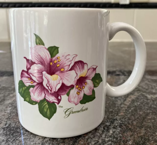 Vintage Greenbrier Resort Hotel Pink Floral Ceramic Coffee Mug White Sulphur WV