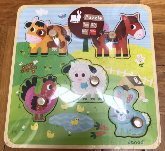 Janod 5 Piece Farm Animal Wood Baby Puzzle 18m+