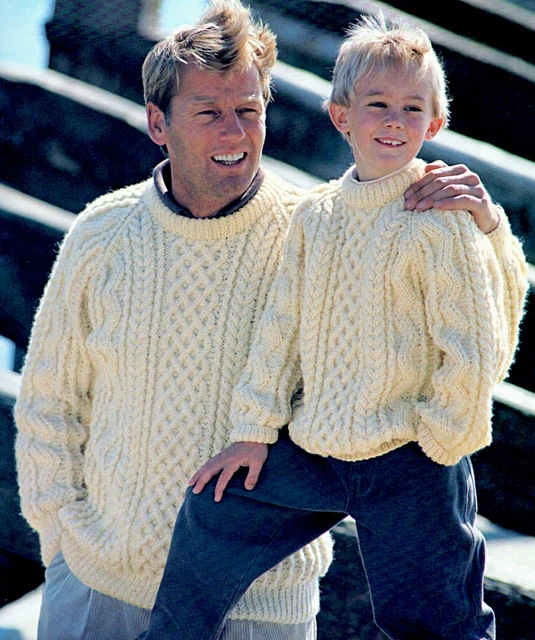 KNITTING PATTERN Mens/Ladies/Kids Aran Jumper (6 sizes 26""48