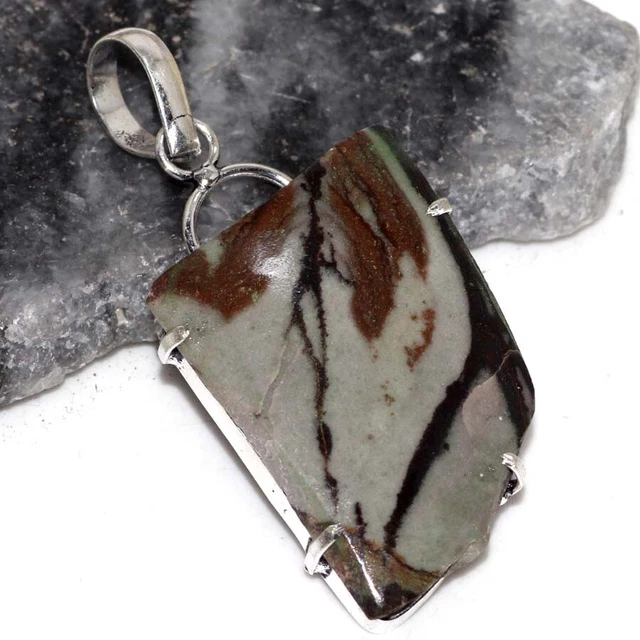 925 Silver Plated-Picasso Jasper Rough Ethnic Gemstone Pendant Jewelry 2.4" JW