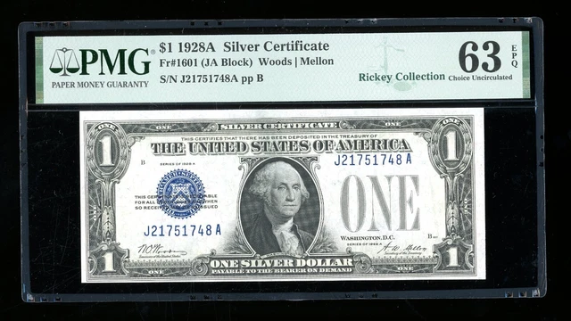 DBR 1928-A $1 Silver Funnyback Fr. 1601 JA Block PMG 63 EPQ Serial J21751748A