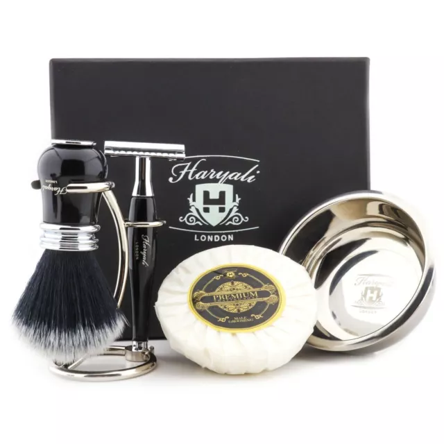 Shaving Set Kit Black Synthetic Shaving Brush & DE Razor Stand Bowl Soap For Men
