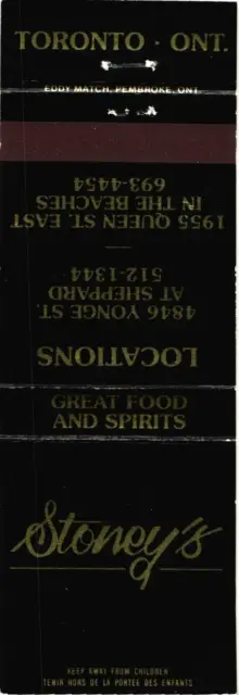 Stoney's Great Food and Spirits Toronto, Ontario, Canada Vintage Matchbook Cover
