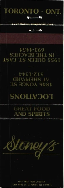 Stoney's Great Food and Spirits Toronto, Ontario, Canada Vintage Matchbook Cover