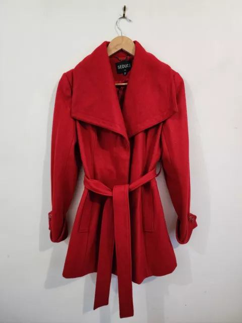 SEDUCE Label Womens Size 12 Red Wool Blend Belted Long Jacket Winter Coat