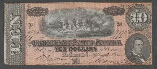 Type 68 Ten Dollars $10 UNC February 17th 1864 The Confederate States of America