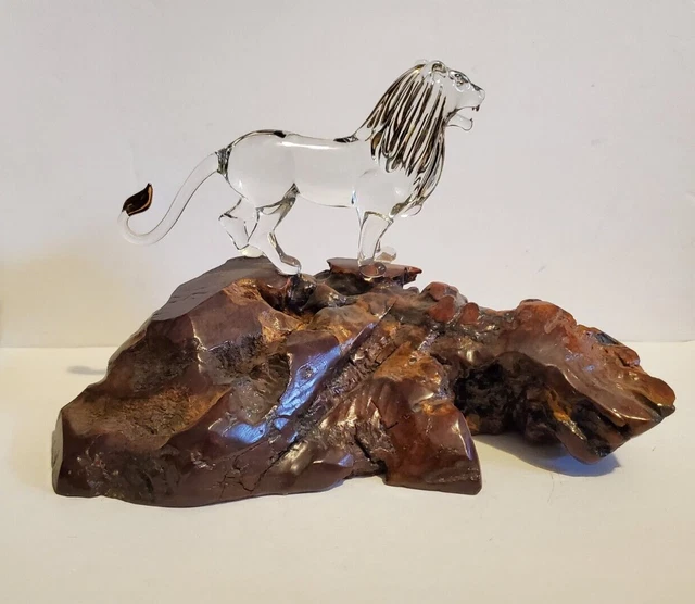 Spehler Glass Gallery Lion Signed Lead Crystal with Wood Base Crystal Big Cat