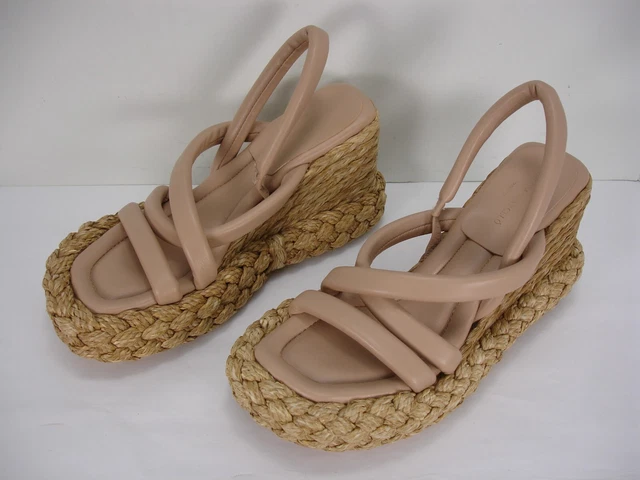 Paloma Barcelo Tan Leather Braided Raffia Wedges Espadrilles Sandals Women's 39