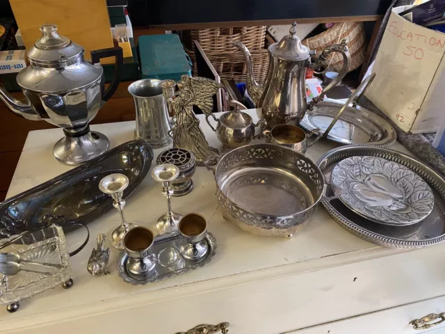 Vintage Silver Plated Job Lot Trays Dishes Teapot Set Swan Kettle Candlesticks