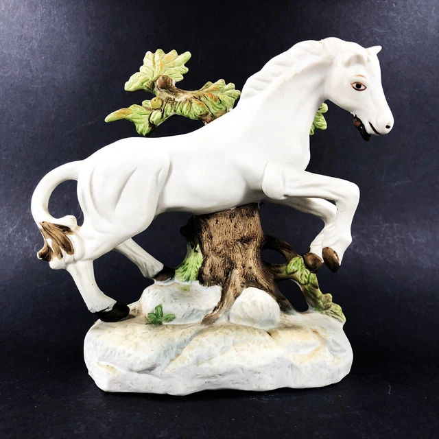 Ceramic White Horse Figurine White Running w/ Tree Equestrian