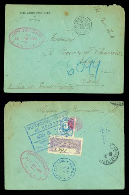 COLOMBIA 1906 Registered cover from TUNJA (scarce) to France w/ 5c Sc# 317+ F20