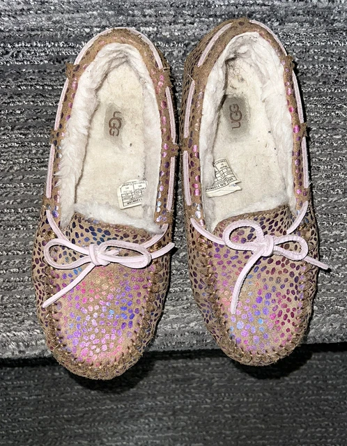 UGG Australia Slippers Moccassins Dakota Pink Sparkle Spot Girls Size 2 EUC