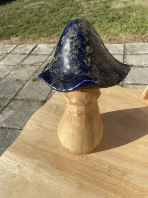 Glaze Blue Top Ceramic Mushroom Garden Pottery 11” Mushroom Statue