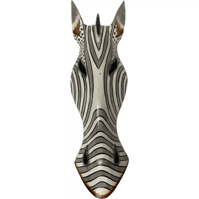 Zebra African Indonesia Mask Figure Hand Paint Carved Art Hook Wood Wall Hanging