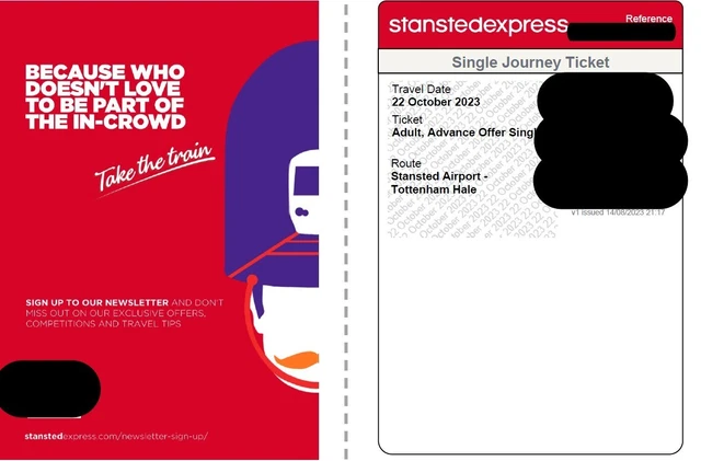 Single Ticket Stansted Airport to Tottenham Hale on 22 Oct 23 (2 available)