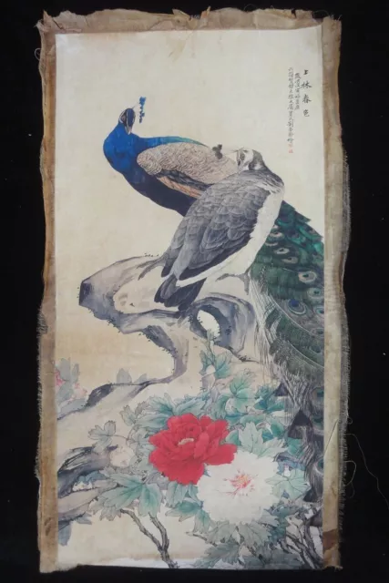 Very Large Old Chinese Hand Painting Beautiful Peacocks Birds "LiuKuiLing" Mark