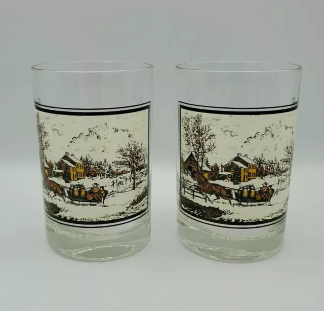 2 Vintage Arby American Farm In Winter Glass Currier Ives Low Ball Tumbler 12oz