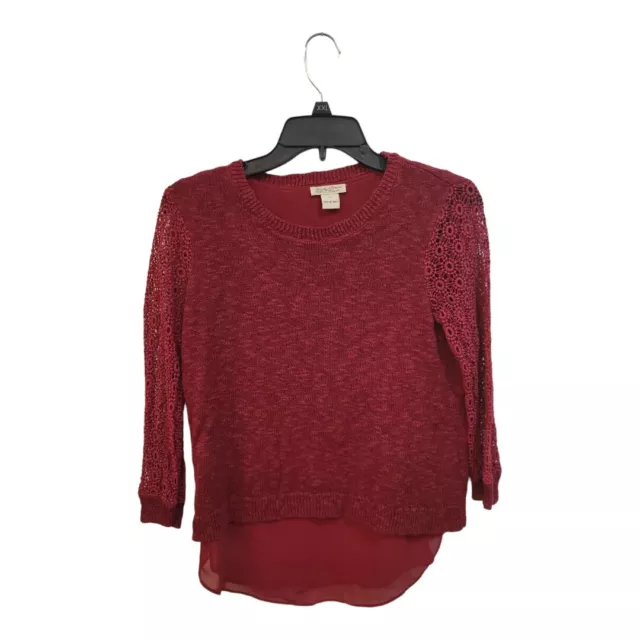 Lucky Brand Womens Top XS X-Small Sweater Red Open Knit Layered Linen Cotton