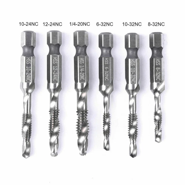 1/4" Hex Shank Spiral Flute Hss Combination Countersink Screw Tap Drill Bit Set