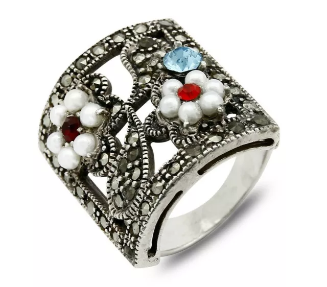 Flower Marcasite .925 Sterling Silver Ring with Lab Created Gemstones