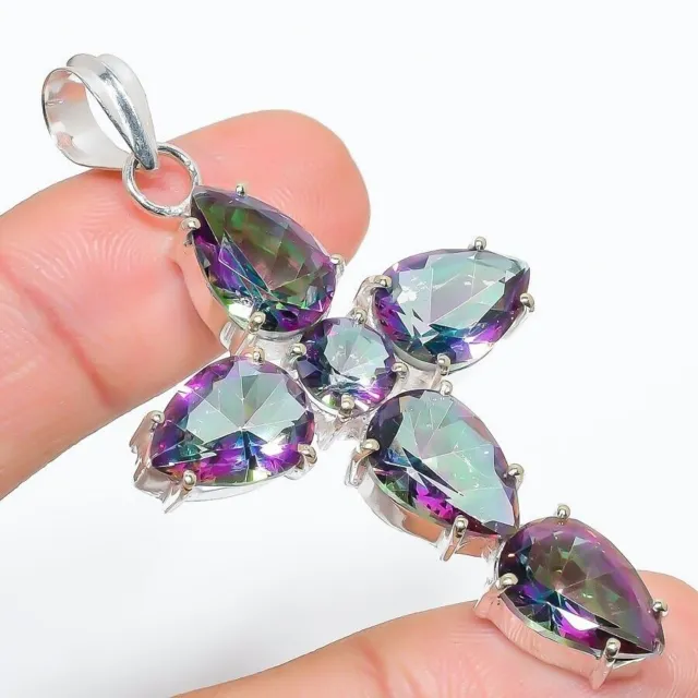 Mystic Topaz Gemstone Handmade 925 Sterling Silver Jewelry Pendant Size 2.5"