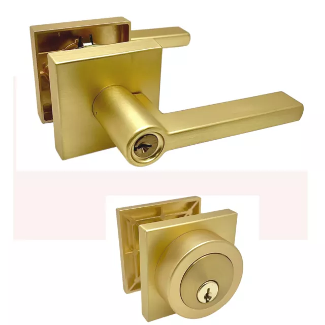 House Guard Satin Brass Modern Entrance Door Levers with Deadbolt Same Keys