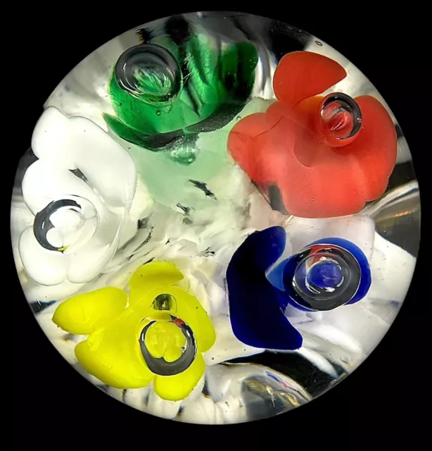 Vintage Maude Bob St Clair GLASS PAPERWEIGHT Multi Color 5 Flowers Bubbles EUC