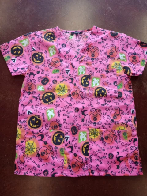 JUST LOVE~Halloween themed womens short sleeve shirt scrub Vneck pullover Small