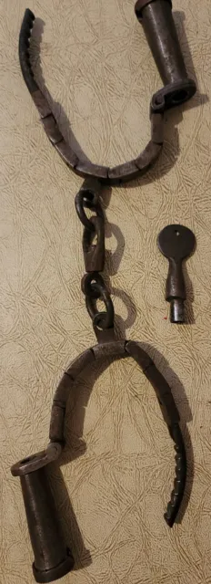Antique Wrought Iron Marked 200 WROUGHT Handcuffs with KEY 2
