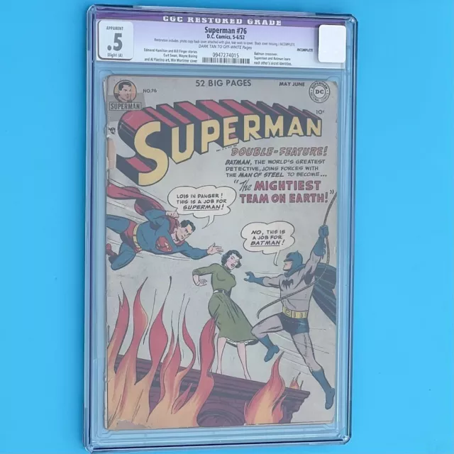 Superman #76 (1952) CGC 0.5 Restored ⭐ Batman Crossover! ⭐ Golden Age DC Comic