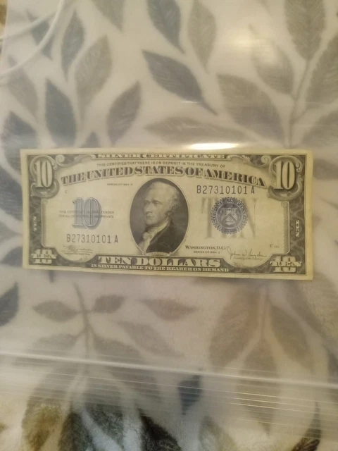 1934 C $10 Ten Dollar Silver Cert Blue Seal Rare Mule Note. Last 5 Ser.#10101