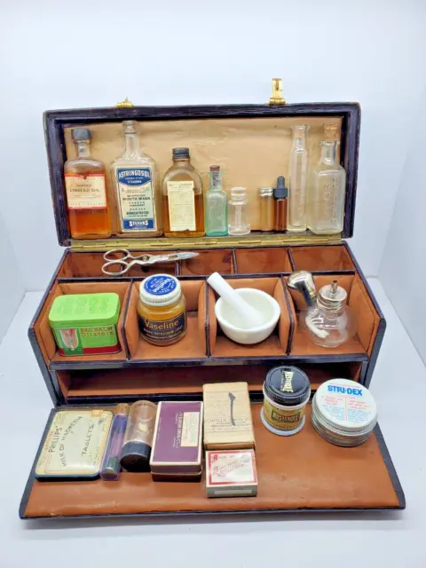 1930/40's Small Leather Doctors Hinged Medical Box w/ Contents