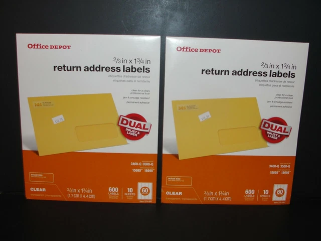 Office Depot Inkjet & Laser CLEAR 2/3" x 1 3/4"  Return Address Labels 1200 Ct.