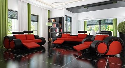 Juego de sofá de cuero de diseño 3+2+1 plazas rojo negro con sofá relax sofá instantáneo