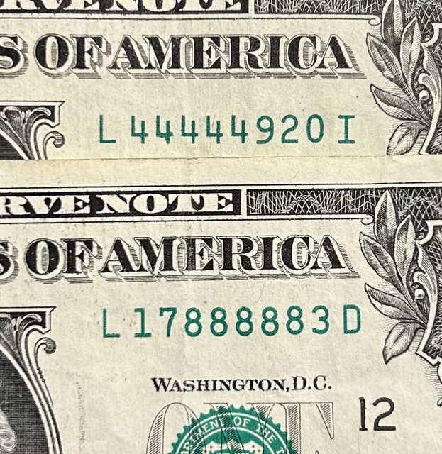 (2) FANCY SERIAL Number $1 Dollar Bills 5 Five in a Row Lucky 8s & 4s ...