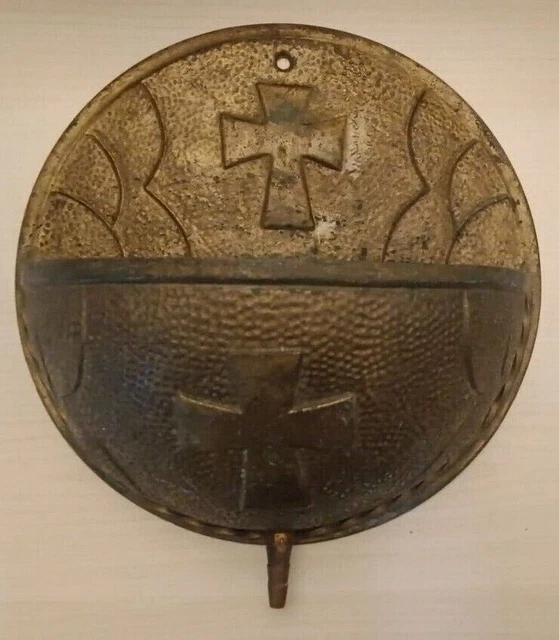 Acquasantiera Antica In Bronzo Vintage Chiesa Arte Sacra