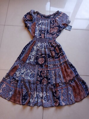 Womens dress Kate and Lily Frilly, fully lined, short sleeves, blue hues pattern