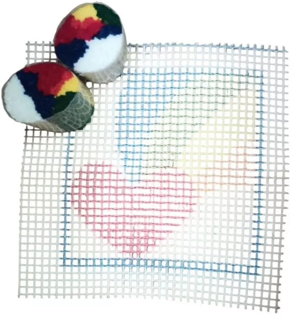 New Vintage 80s Rainbow Heart Latch Hook Rug Kit Canvas Yarn Betty Wilkinson 108