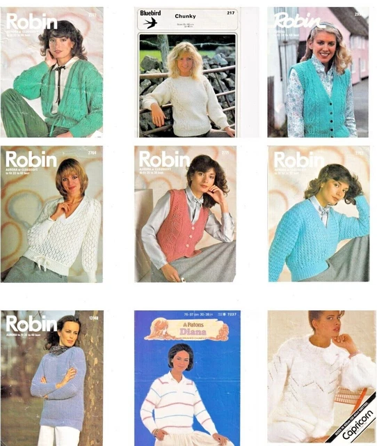 Job Lot 9 Knitting Patterns Sweaters Cardigan Waistcoat Robin Etc Vintage Bundle