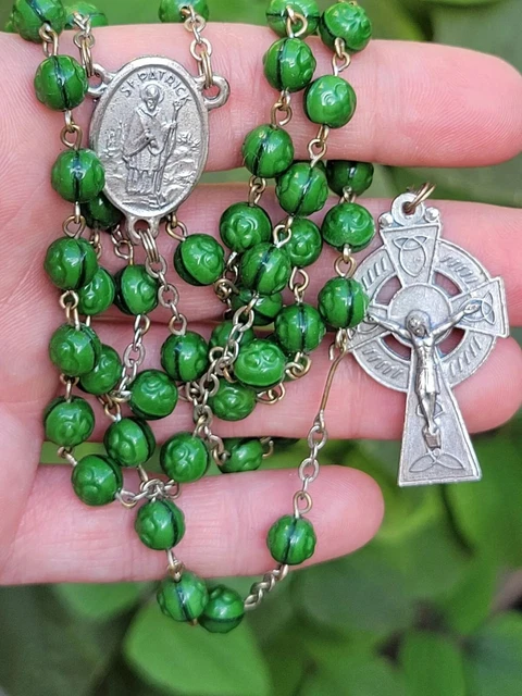 Irish Erin St. Patrick Rosary Green Shamrock Glass Beads Celtic Cross Crucifix