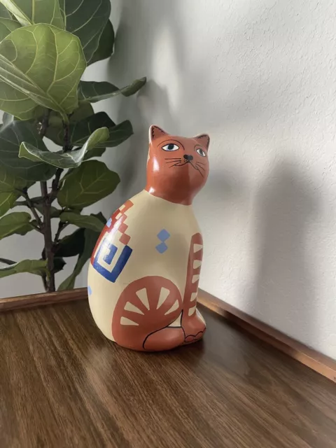 10” Hand-Painted Terra Cotta Kitty Cat Bank Mexican Folk Art