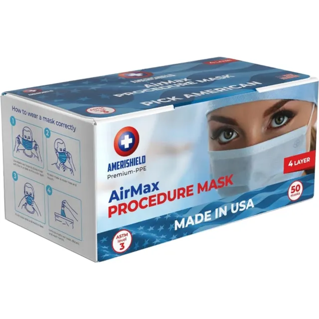 Amerishield AirMax Level 3 Surgical Masks, One Size, Blue, Case of 50 Masks