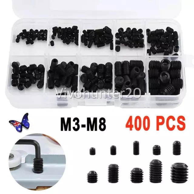 400pc BLACK GRUB SCREW ASSORTMENT KIT SET SCREW 10 SIZES 3 to 8mm HEX HEAD NEW