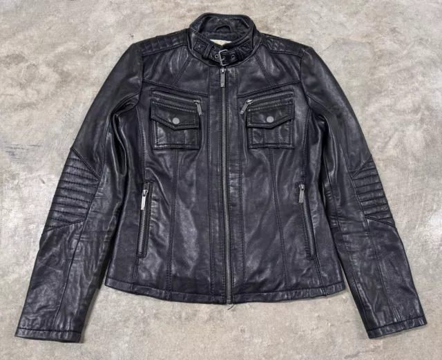 Michael Kors 100% Leather Moto Jacket Size Small Cafe Racer Coat Black EUC Zip