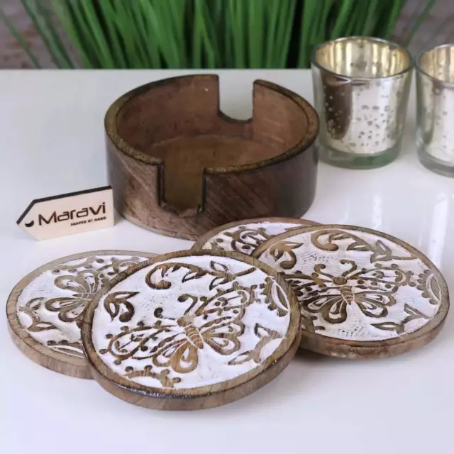 Melur Butterfly Design Set of 4 Coasters Mango Wood Handcrafted Home Decor