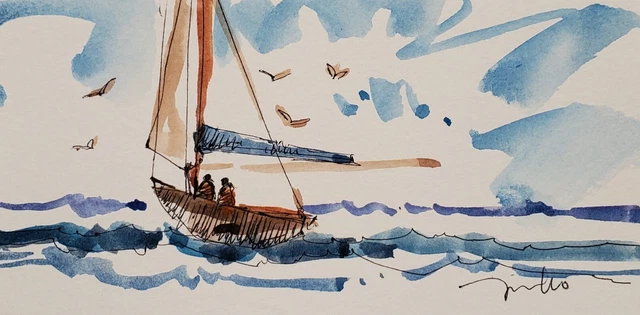 JOSE TRUJILLO Watercolor Painting IMPRESSIONISM Collectible ORIGINAL Sailboat
