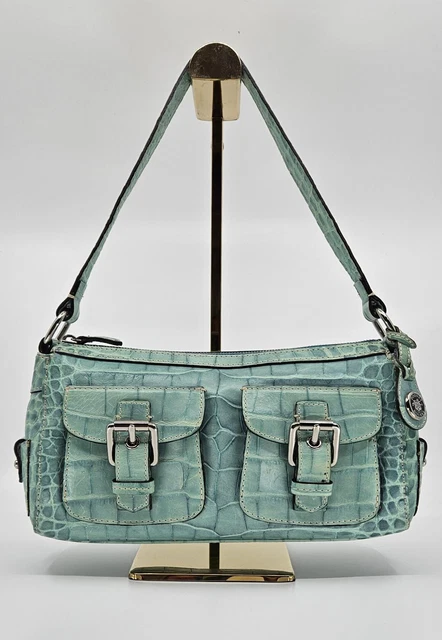 Dooney & Bourke Nile Collection Aqua Croc Embossed Leather Satchel Handbag Purse